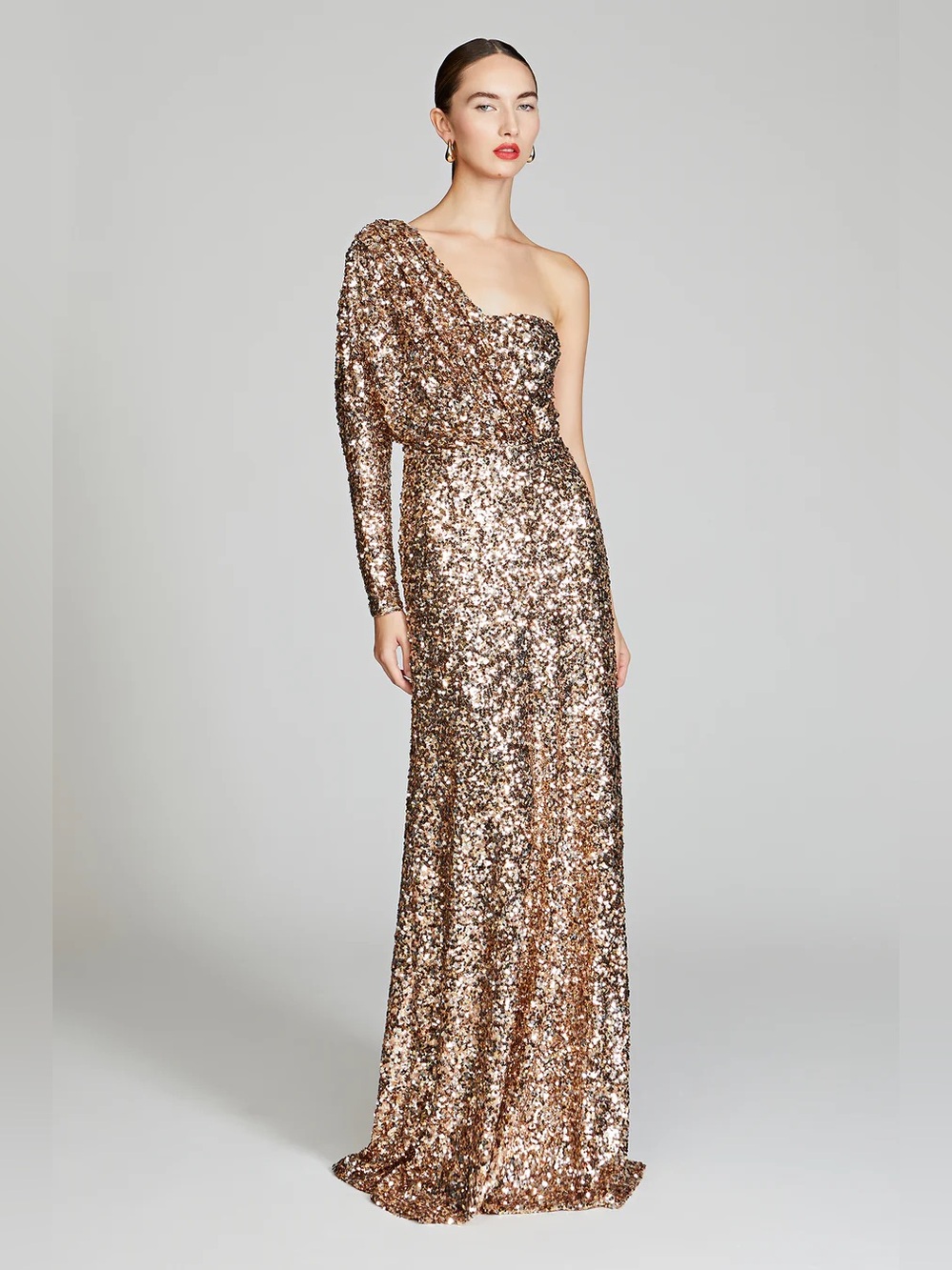Halston Ramona One-Shoulder Sequin Gown in Rose Gold